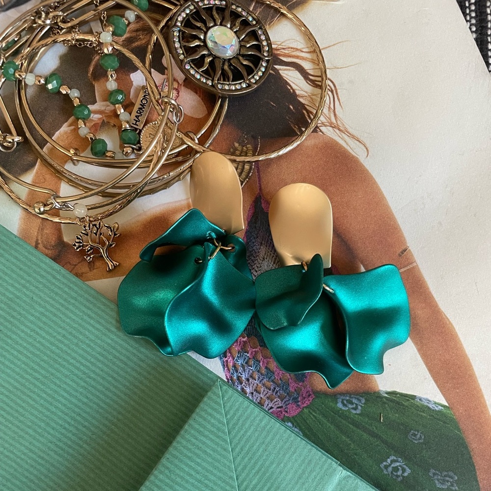 Emerald-Hued Flower Petal Earrings